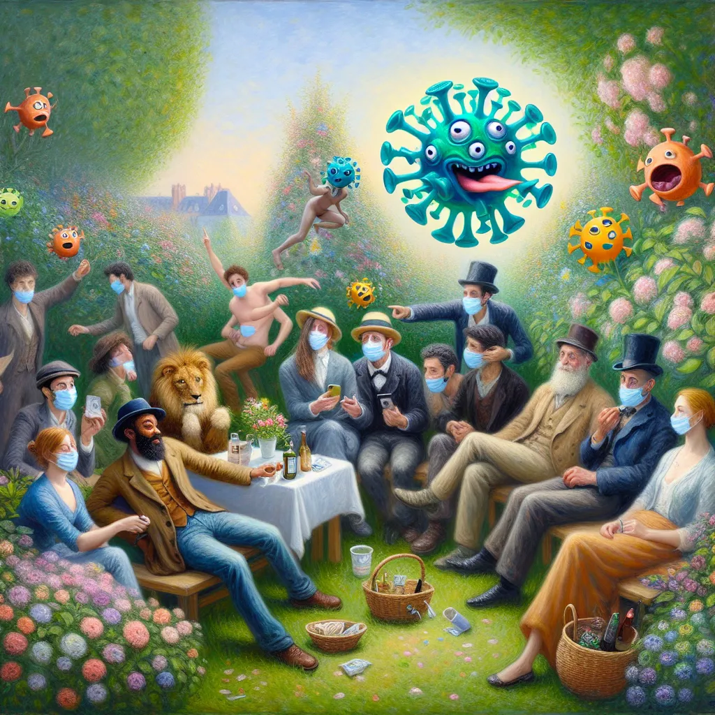 Virus, Transformation, Gender, Friendship, Humor in the style of Monet