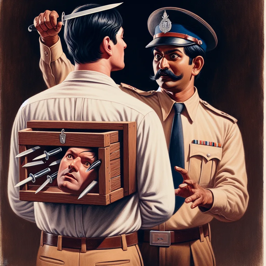 An image of a magician performing a disappearing-head trick with a police officer. The officer's head is inside a wooden box with daggers, while his body stands nearby. The magician, filled with a sense of power and control, gazes at the headless body with satisfaction and intrigue. The image captures the blurred line between illusion and reality, as well as the magician's desire for a deeper connection.