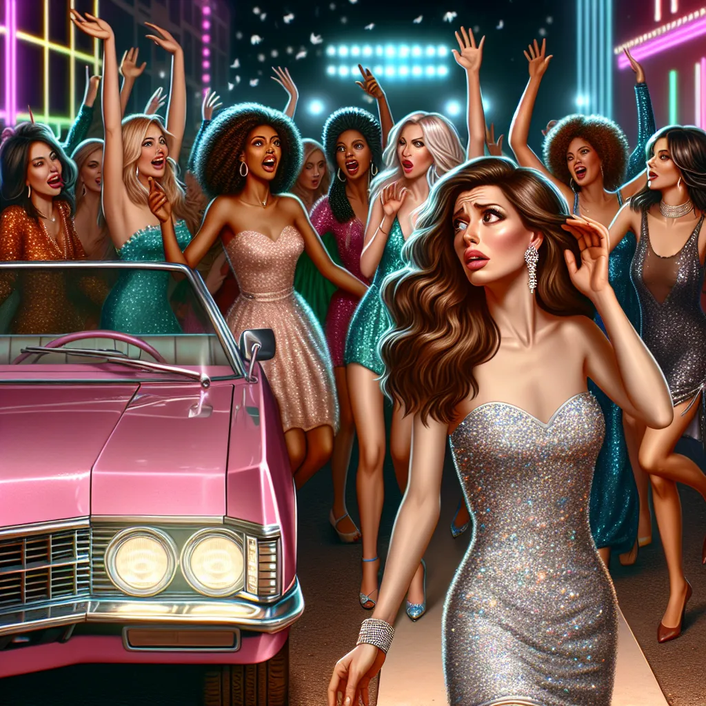 An image of a bewildered young boy named Ethan, transformed into an adult woman named Jennifer, navigating a glamorous and chaotic night out with a group of stylish and exuberant female friends. Ethan, now Jennifer, grapples with the challenges and excitement of unexpected adulthood, from driving a pink convertible to dancing at a club, all while discovering a newfound sense of power in the unknown.
