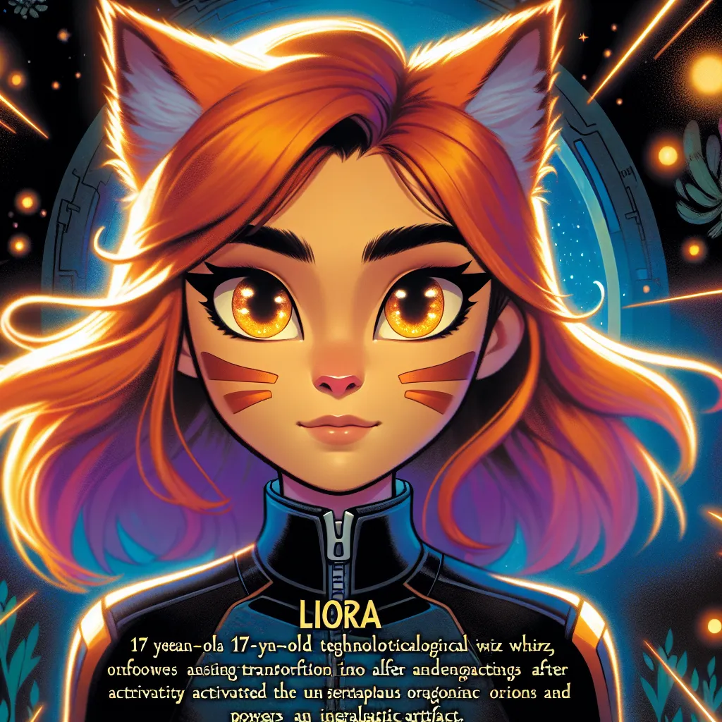 Liora, a 17-year-old technosavant, transforms into an anthropomorphic orange cat after activating an alien artifact. With a determined glint in her feline eyes, she sets off on a cosmic adventure to uncover the artifact's secrets.