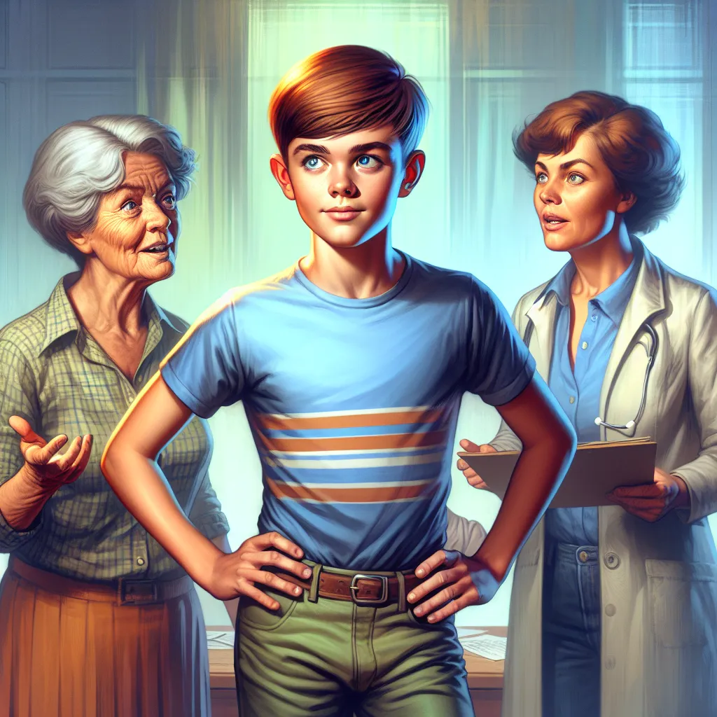 An image of a young boy (Timmy) standing with his hands on his hips, wearing a neat bowl-cut hairstyle, a mischievous twinkle in his bright blue eyes, and wearing a cute, casual outfit. Timmy's mom (Lisa) and Timmy's friend's mom (Veronica) are also in the image, looking concerned and discussing the situation. Mark, Veronica's husband, and a doctor and a friend of Mark's are also present in the image, engaged in the conversation.