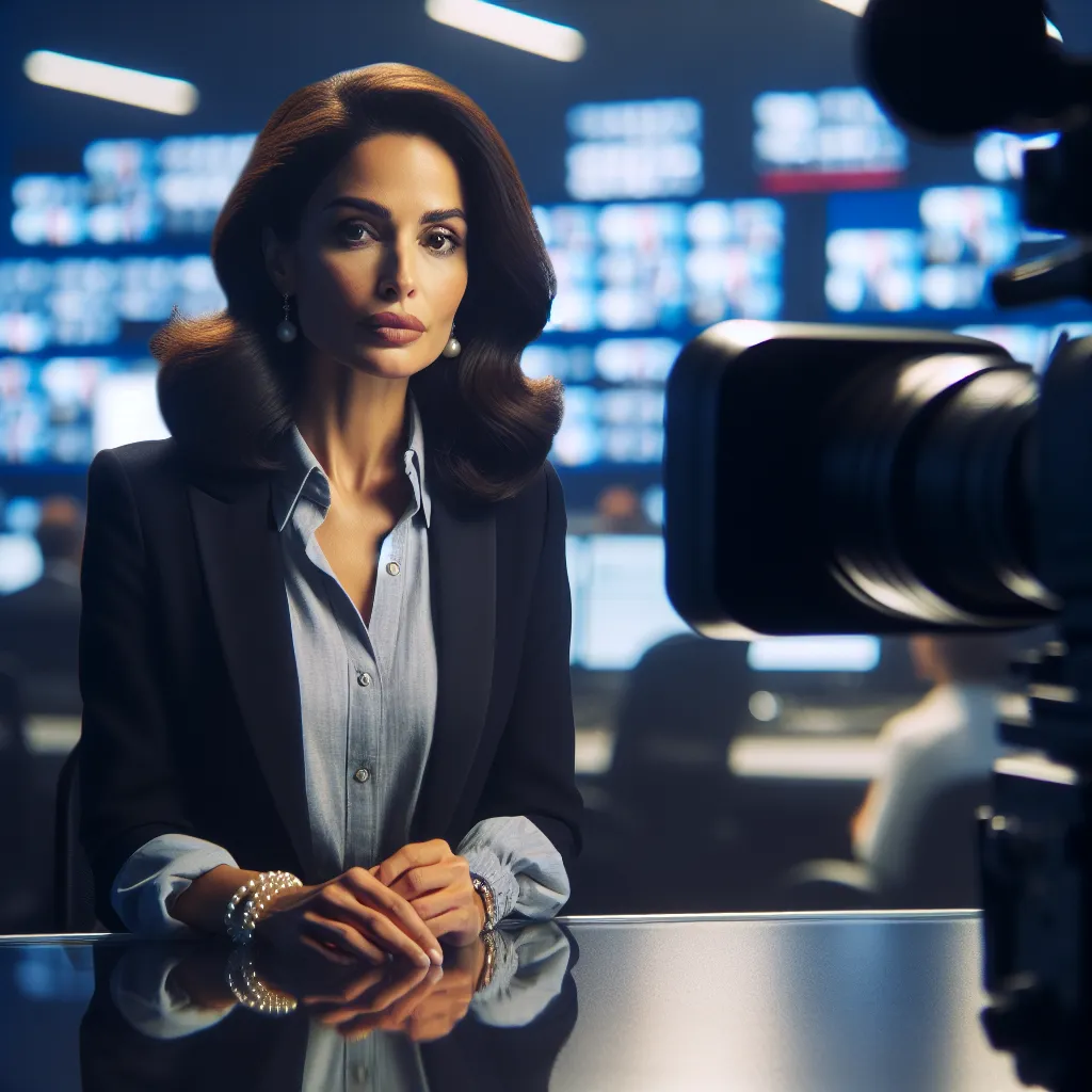 A captivating image: A news anchor, Lisa Harper, sits behind a desk in a bustling newsroom. She is composed, exuding confidence and professionalism. The camera captures her as she delivers the news with precision, her voice echoing across the room. The image portrays her journey of transformation and resilience, while also hinting at the lingering mysteries of her past.