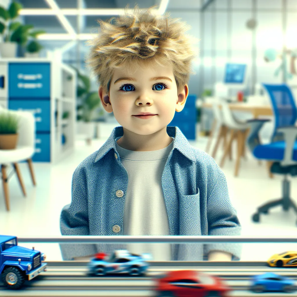 A digital image of a young boy, Michael, standing in his bedroom, playing with toy cars. He has sandy blonde hair and bright blue eyes, radiating innocence.