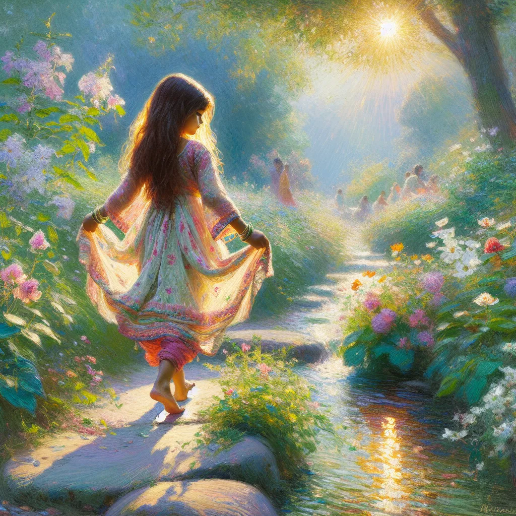 Transformation, Child, Indian, Feminine, Journey. in the style of Monet