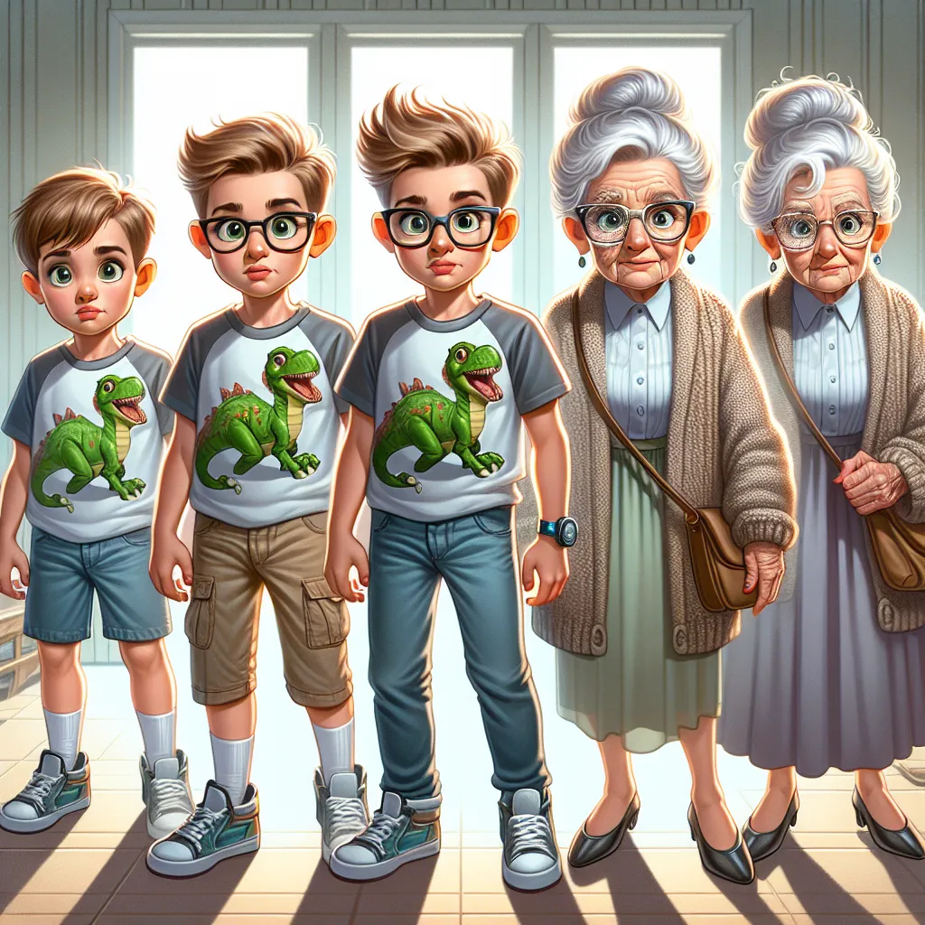 An image depicting a transformation: a six-year-old boy named Jamie, wearing a dinosaur t-shirt and shorts, experiencing a magical change into his grandmother, Dorothy. The image shows the process of his appearance changing from that of a child to an elderly woman, with details like shifting clothing, accessories, nail polish, and hair style. The scene captures the mix of confusion, fear, and wonder in Jamie/Dorothy's expression as the transformation occurs.