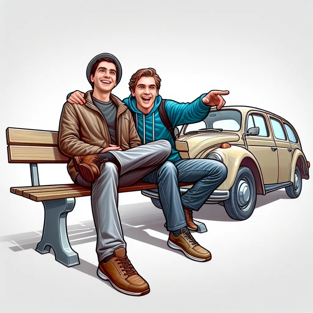 The image is of two friends, one sitting on a bench and the other standing beside a car. They both have mischievous grins on their faces, conveying a sense of excitement and adventure. The friend sitting on the bench is tapping their foot impatiently, while the friend beside the car is gesturing towards their own body with a sigh. Despite the strange situation, the image captures the lightheartedness and camaraderie between the two friends.