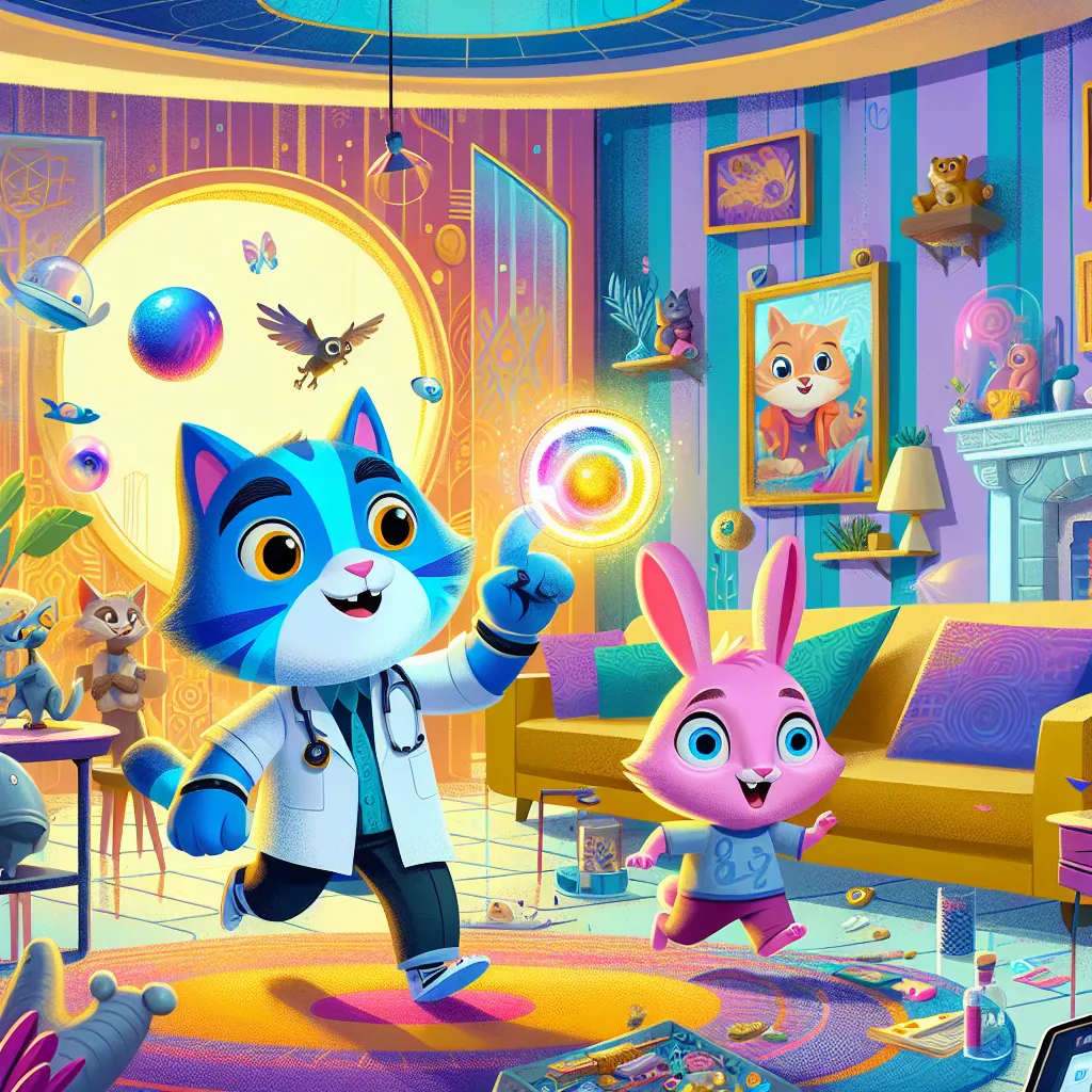 An image of Gumball and Anais from "The Amazing World of Gumball" experiencing a chaotic body swap adventure with other family members, including humorous mishaps and a magical device, set in their colorful living room.