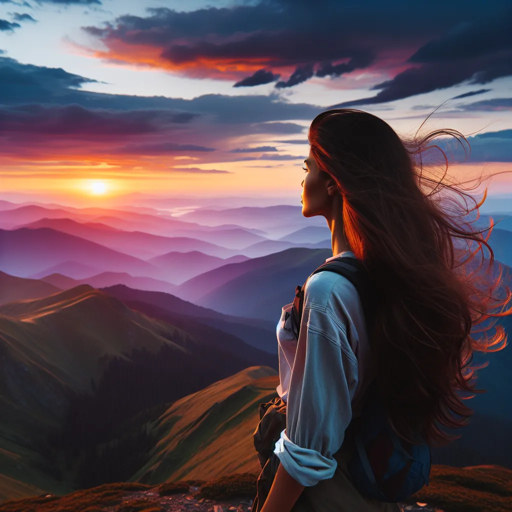 A young woman stands on a mountaintop, watching a vibrant sunset over a vast, majestic landscape.