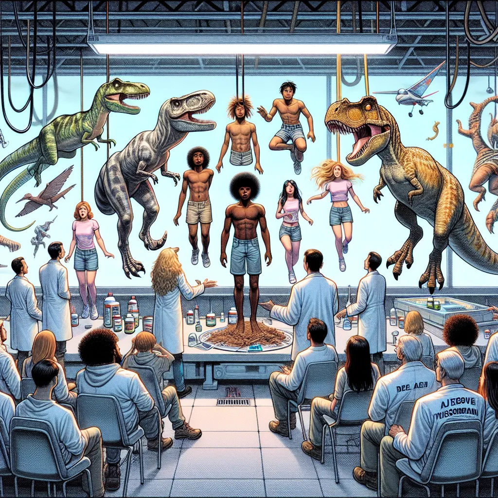 An illustration showing a group of young adults transforming into various dinosaurs in a lab setting, with a scene of chaos and realization as their bodies undergo the dramatic changes, setting the stage for a sci-fi adventure of survival and rebellion against a shadowy government agency.