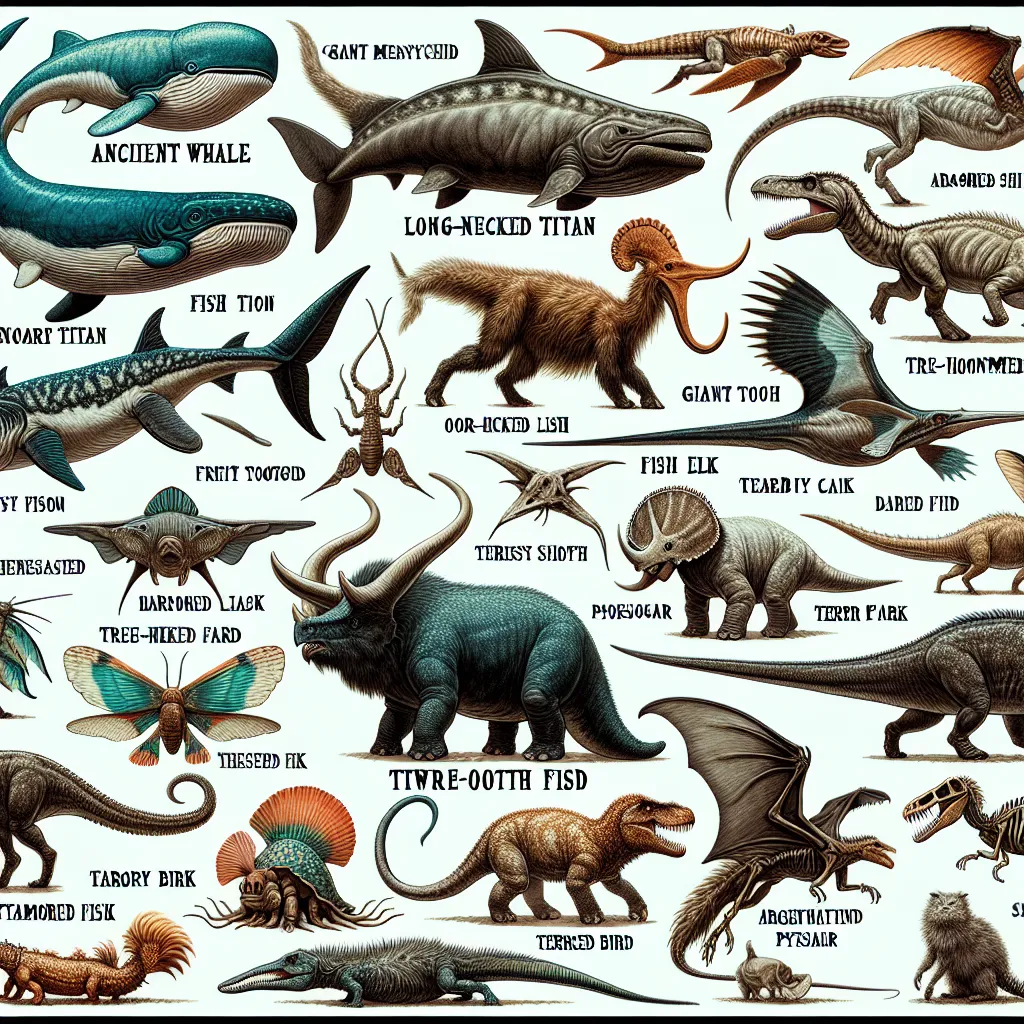 "An assortment of illustrations showcasing various extinct and prehistoric animals, including the Ancient Whale, Giant Mesonychid, Giant Millipede, Long-necked Titan, Fish Lizard, Great Tooth Shark, Oar-limbed Lizard, Three-horned Face, Toothless Wing, Giant Elk, Two-measure Tooth, Thick-headed Lizard, Giant Rhino, Feathered Serpent Pterosaur, Terrible Claw, Armored Fish, Argentine Lizard, Western Bird, Terror Bird, and Fused Lizard."