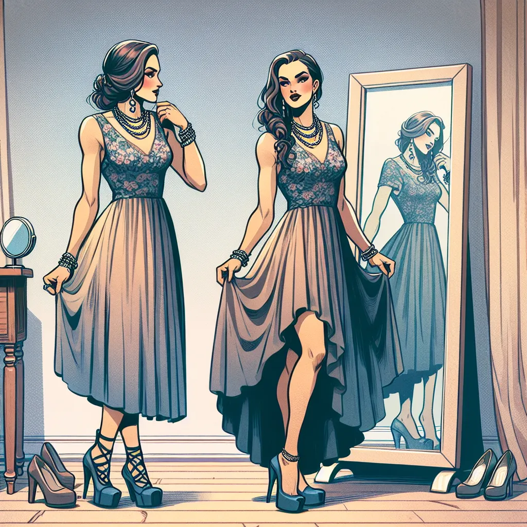 A young girl named Joshua, now transformed into Jessica, stands in front of a mirror. She wears a skimpy outfit, platform sandals, and jewelry as she gets ready for a night out with her husband. Her reflection shows a mix of confusion, fear, and a sense of self slipping away.