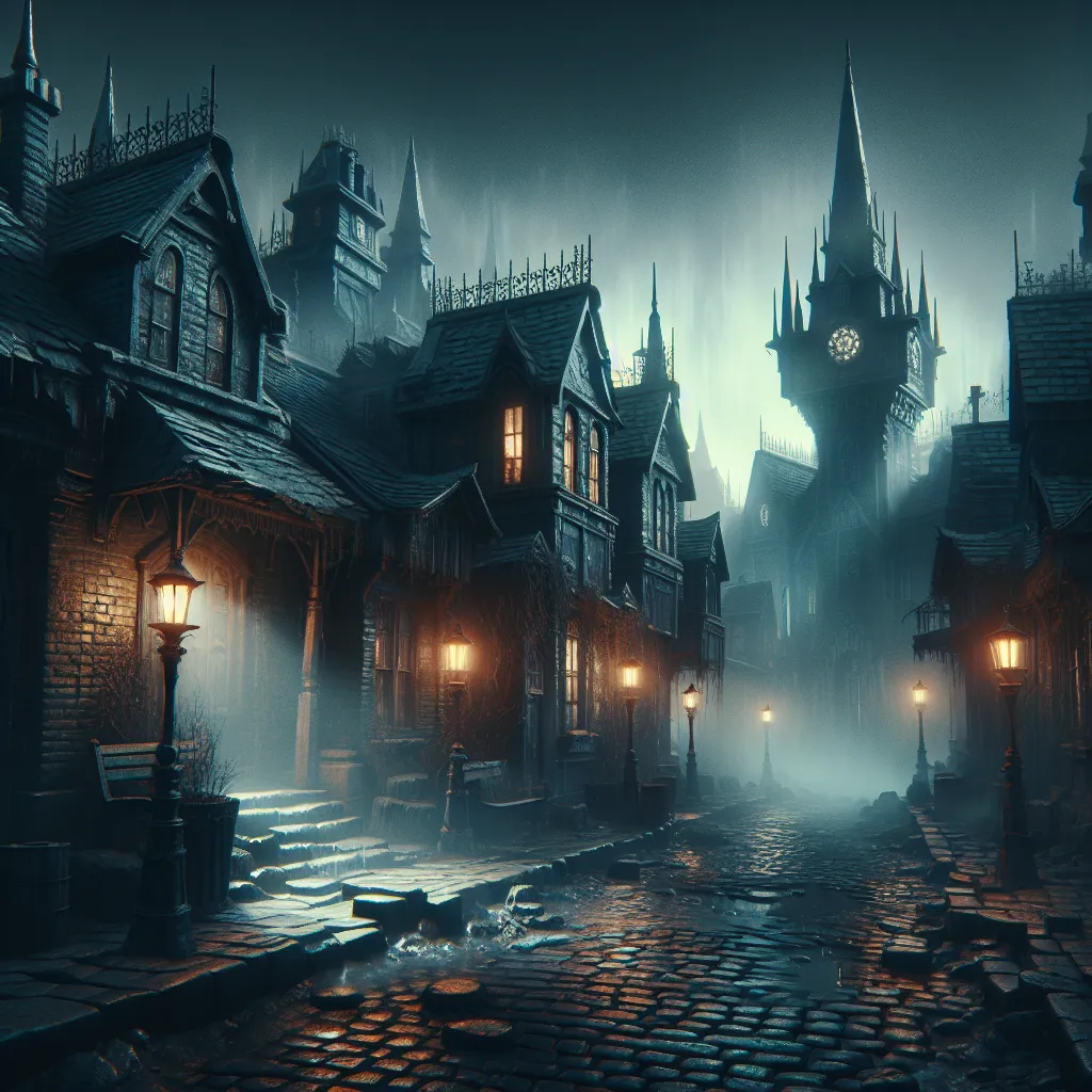 Image Description: A dark and eerie depiction of the town of Blackwood. The image showcases a cobblestone street lined with decaying Victorian houses. The houses are covered in shadows, with Gothic spires piercing through the misty sky. Gas lamps flicker dimly, casting dancing shadows on the ground. The atmosphere is gloomy and foreboding, with a thick fog lingering in the air. The overarching feeling of the image is one of palpable unease and an imminent sense of danger.