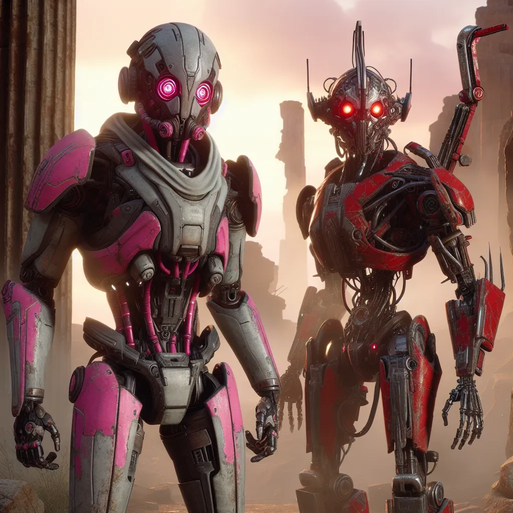 In this image, we see two figures standing in the ruins of the Hazbin Hotel. One figure, now transformed into a towering metallic being named Dynamo, wears pink and gray armor with a gray helmet adorned with pink rims. The other figure, now known as Torpedo Blast, combines red and black metal with a sharp, antenna-like helmet. Both have glowing red eyes and a newfound sense of power. Behind them, the remnants of the hotel are bathed in a hazy red light. The image captures the moment of their tra