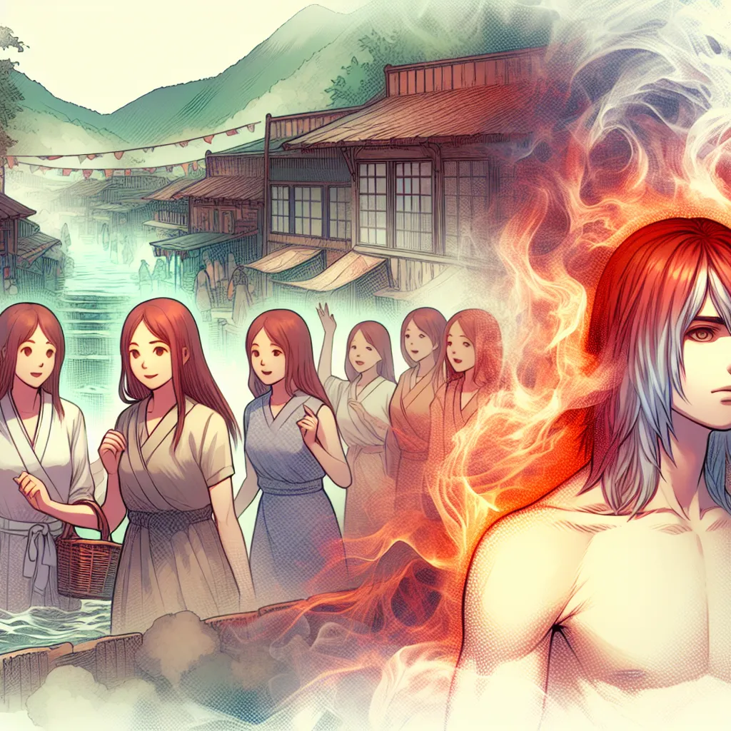 This image will depict a young person named Naruto surrounded by a group of girls in a vibrant village marketplace. Naruto's appearance is gradually transforming, with long red hair, feminine features, and a growing sense of horror and despair. The girls around Naruto are oblivious to his distress, chatting and laughing as they lead him towards a hot spring. Eerie mist envelops the scene, symbolizing the magical curse that is transforming Naruto into a girl against his will.