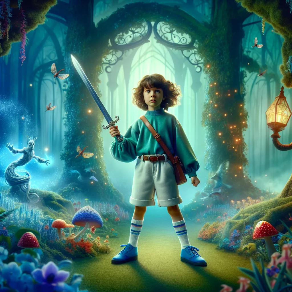 Description: An image depicting Amy Rose, a petite and vibrant heroine, standing courageously in a mystical forest. She is dressed in a puffy green tee shirt and white panties with a blue waistband, wearing blue shoes and ankle socks. With her sword gleaming and the forest swirling with enchanted sprites, Amy embarks on a quest to restore balance and defeat the mischievous sorcerer, Dr. Fizzlethorn. Though her missing skirt causes some self-consciousness, Amy's unwavering courage shines through 