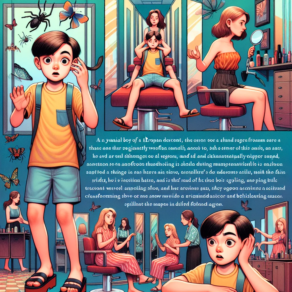 An unassuming little boy named Jack Thornton, aged five, embarks on a transformative adventure in the deep South. With his European lineage and a summer afternoon ahead, Jack enters a vibrant salon filled with mirrors and stations. Two Korean women attend to clients, Min-ji and Ji-eun, their stylish outfits and accessories capturing Jack's attention. As Jack explores the salon, he accidentally stumbles upon Min-ji's platform sandals, causing a strange dizziness to wash over him. His body undergo