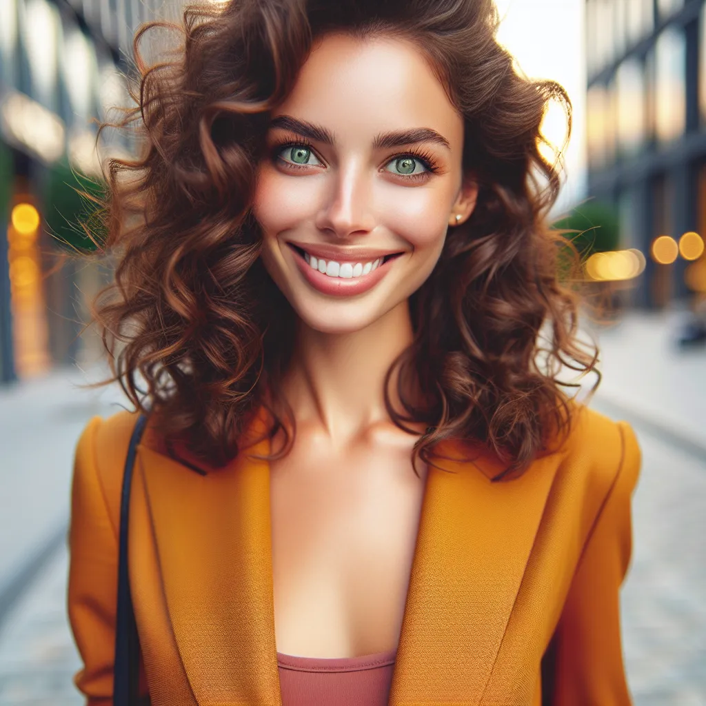 A vibrant image of a confident and happy young woman named Tiffany, with curly brown hair and green eyes, dressed in a stylish outfit, walking along a city street with a sense of purpose and anticipation for a special evening with her boyfriend. The image conveys a sense of self-acceptance, empowerment, and excitement.