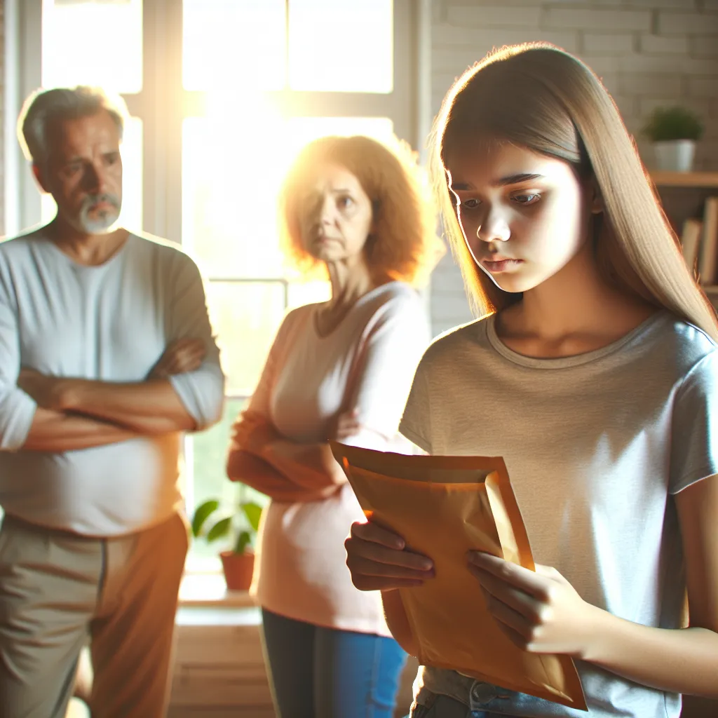 An image of a young girl standing in her bedroom, holding a packet with her concerned parents beside her. The sunlight streams in through the window, casting a warm glow over the scene.