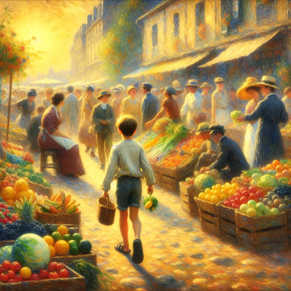 Transformation, Sandals, Boy, Grocery, Adventure in the style of Monet