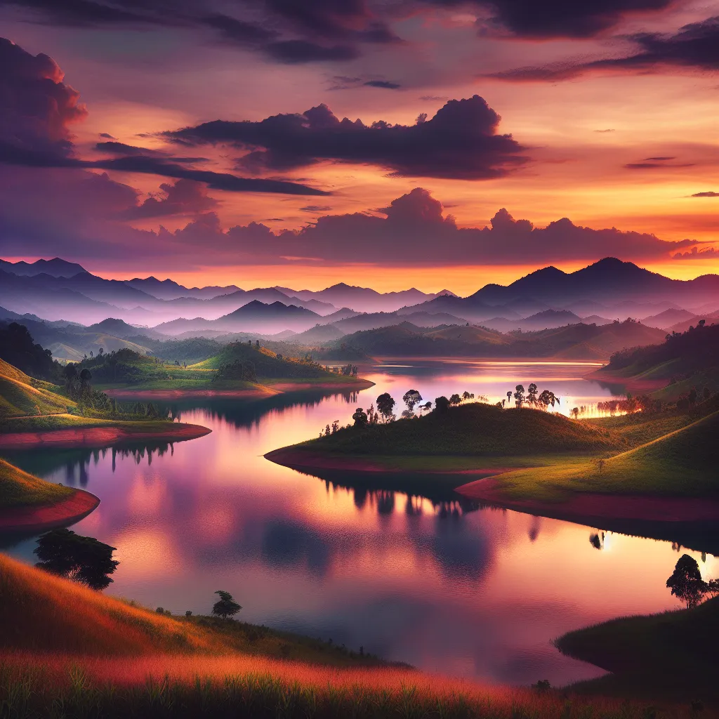 A serene and peaceful sunset landscape with rolling hills, a calm lake, and a vibrant sky painted in hues of orange and purple.