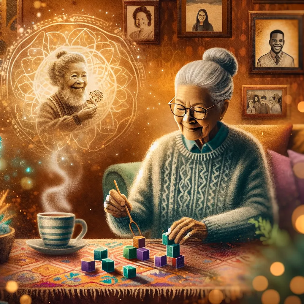 Dorothy Parker, a beloved grandmother, reminisces about her past as young Elliot Parker while playing with blocks in a cozy living room. The story follows a magical transformation where Elliot becomes Dorothy, embracing her new identity and living a serene, content life filled with family, tea, and cherished memories.