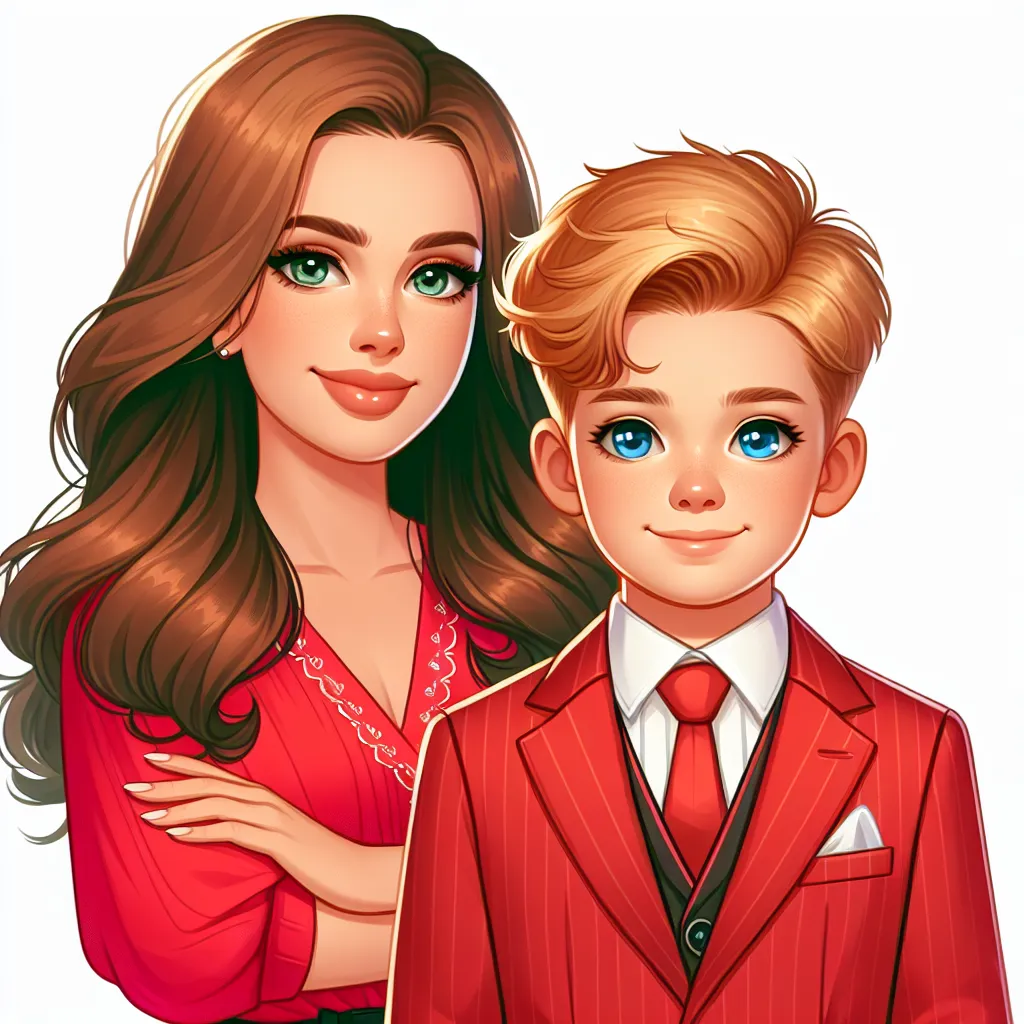 A brightly colored image of a seven-year-old boy and his mother. The boy has sandy blonde hair and blue eyes, while the mother has chestnut brown hair and hazel eyes. They are both standing, with the boy wearing a red sequined dress and heels, and the mother in casual attire.