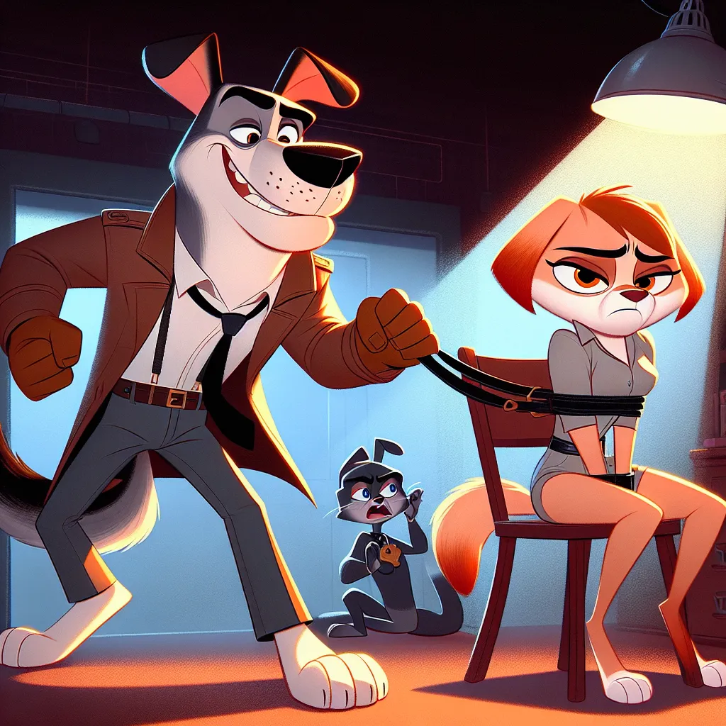 In the image, Special Agent Dudley Puppy, a confident and determined, yet somewhat clumsy dog, bursts into a dimly lit room to rescue his partner, Kitty Katswell. Kitty is bound to a chair with an oversized diaper around her waist, her cheeks flushed with embarrassment. The villainous Verminious Snaptrap stands before her holding a menacing paddle, while Dudley confronts him.