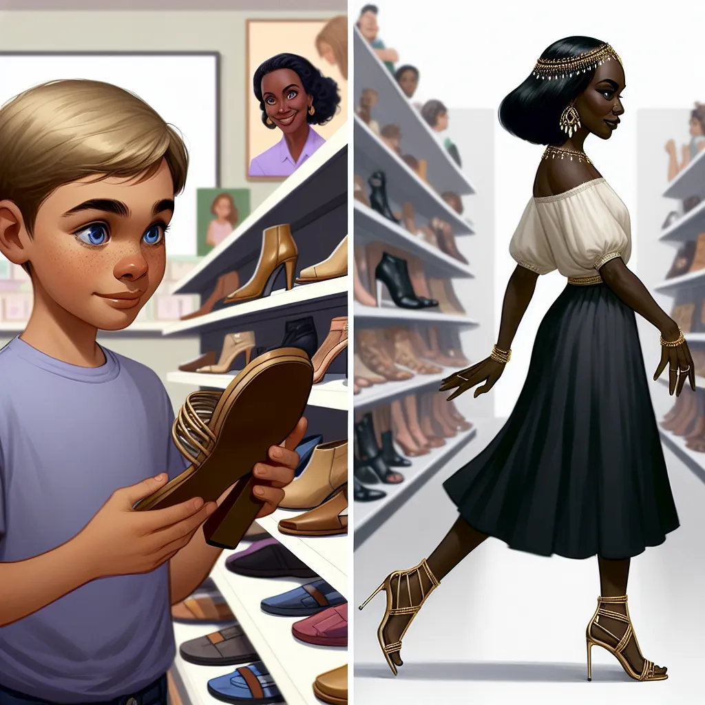 An image of a young boy named Tommy, with blonde hair and blue eyes, in a store looking at feminine thigh-high sandals. As he trips, his feet begin to transform into feminine feet. The story unfolds as Tommy undergoes a complete physical and identity transformation, emerging as a mature woman named Keisha with jet black hair and deep brown eyes, confidently navigating her new existence.
