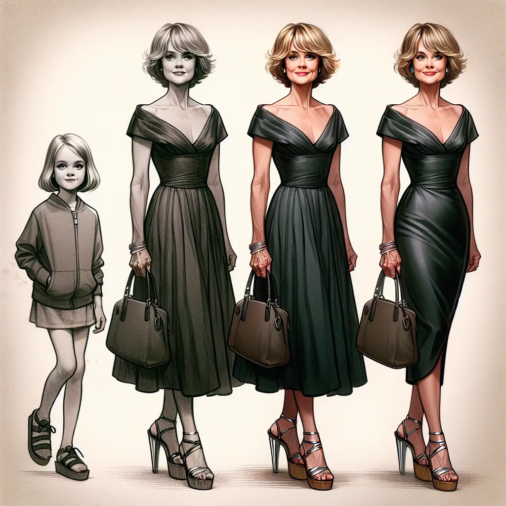 The image accompanying this story should portray a young boy named Ethan who, through a mysterious transformation, becomes a mature woman named Linda. The image should showcase Linda with her sophisticated bobbed blond hair, green eyes, and an elegant but skimpy black satin cocktail dress with spaghetti straps that ends above her knees. She should be wearing silver platform sandals with straps that wrap around her ankles, and she should be holding her designer leather handbag. The image should a