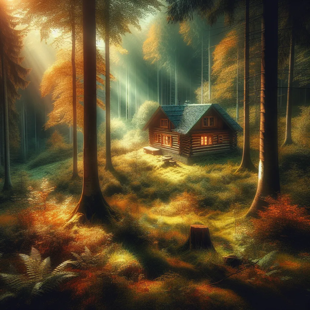 The image shows a peaceful forest scene with vibrant autumn colors and sunlight streaming through the trees. A small log cabin is nestled among the foliage, emitting a warm glow from its windows.