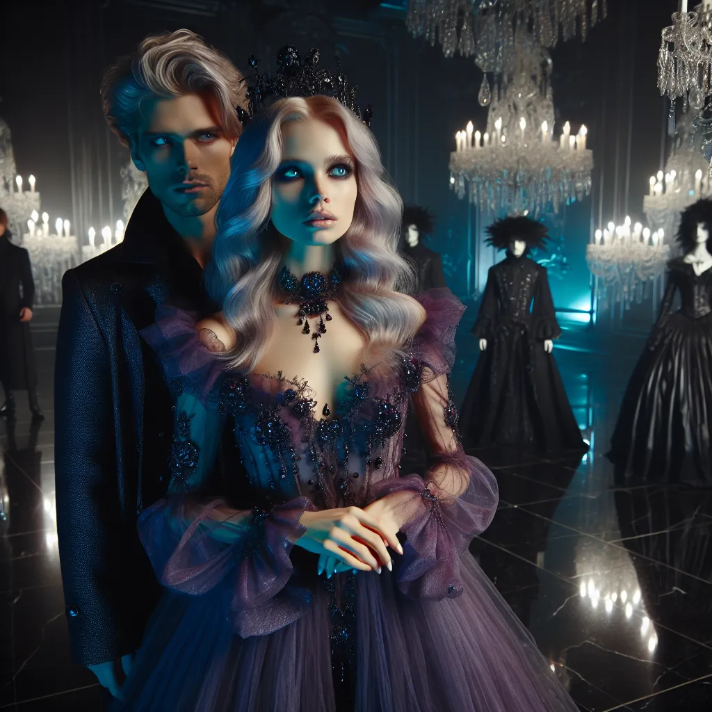 An image of a woman, Violet Graves, dressed in a flowing violet gown, stands in a dark, gothic club called "The Midnight Cathedral." She is surrounded by masked figures in leather and lace, with spectral chandeliers casting sapphire shadows on the black marble floors. Violet's ice-blue eyes lock with those of a mysterious man clad in a black coat, his hair shimmering with a pale sheen. Their intense connection hints at a shared secret and the search for Violet's missing sister, Scarlet.