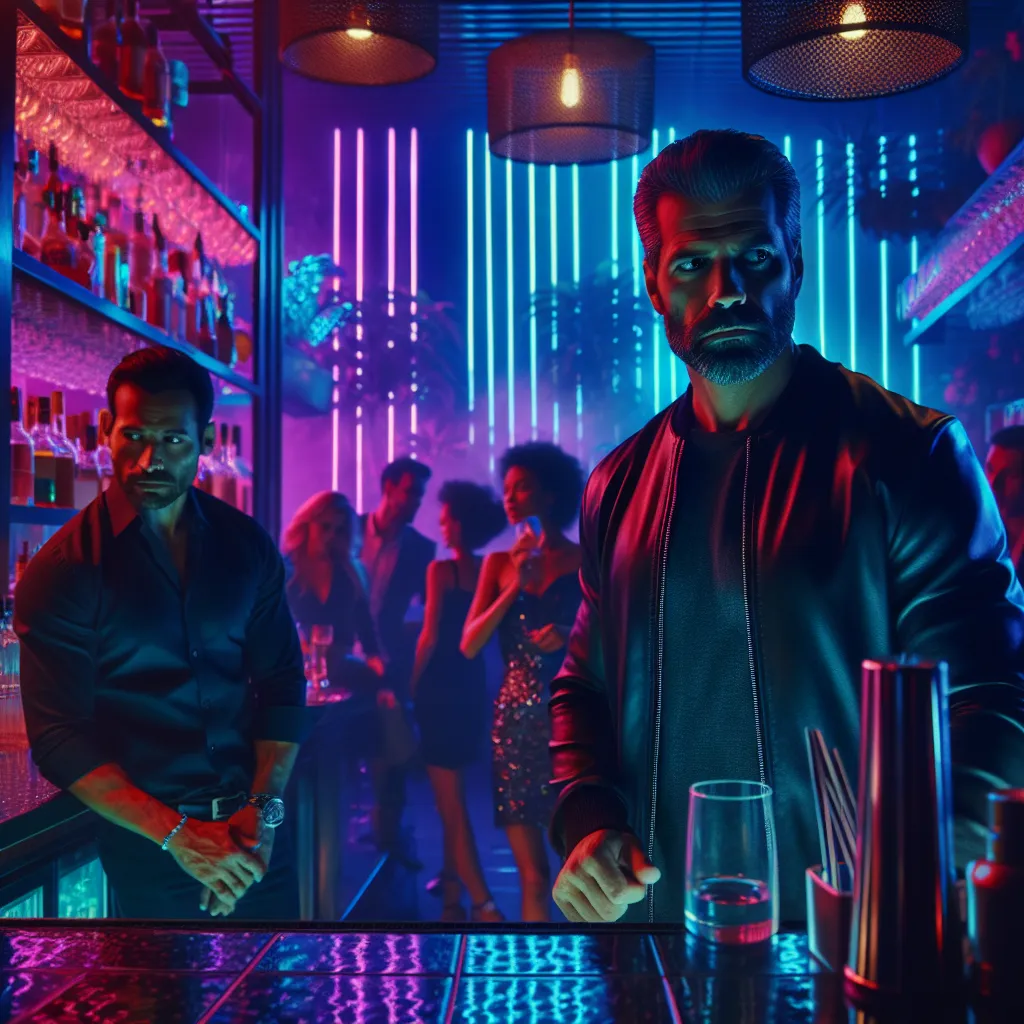 A mysterious man watches a bartender closely in a neon-lit club, where shadows and secrets intertwine on a bustling Saturday night.