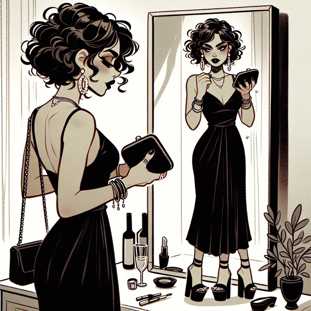 A woman named Julia, with short curly hair and an elegant black dress, stands in front of a mirror, checking her appearance before a dinner date. She wears platform sandals, 7 pieces of jewelry, and carries a small black clutch. Her hair is styled in loose curls, and her makeup is flawlessly done. Despite a frightening encounter with masked intruders earlier, she remains strong and resilient. Now feeling a sense of relief, Julia prepares to meet her husband, feeling grateful for her life, streng