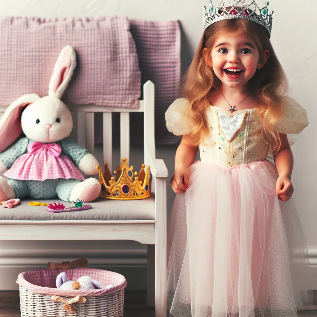 An image of a young girl named Lily, dressed as a princess, standing next to a bench with a crown, princess accessories, and a stuffed bunny.