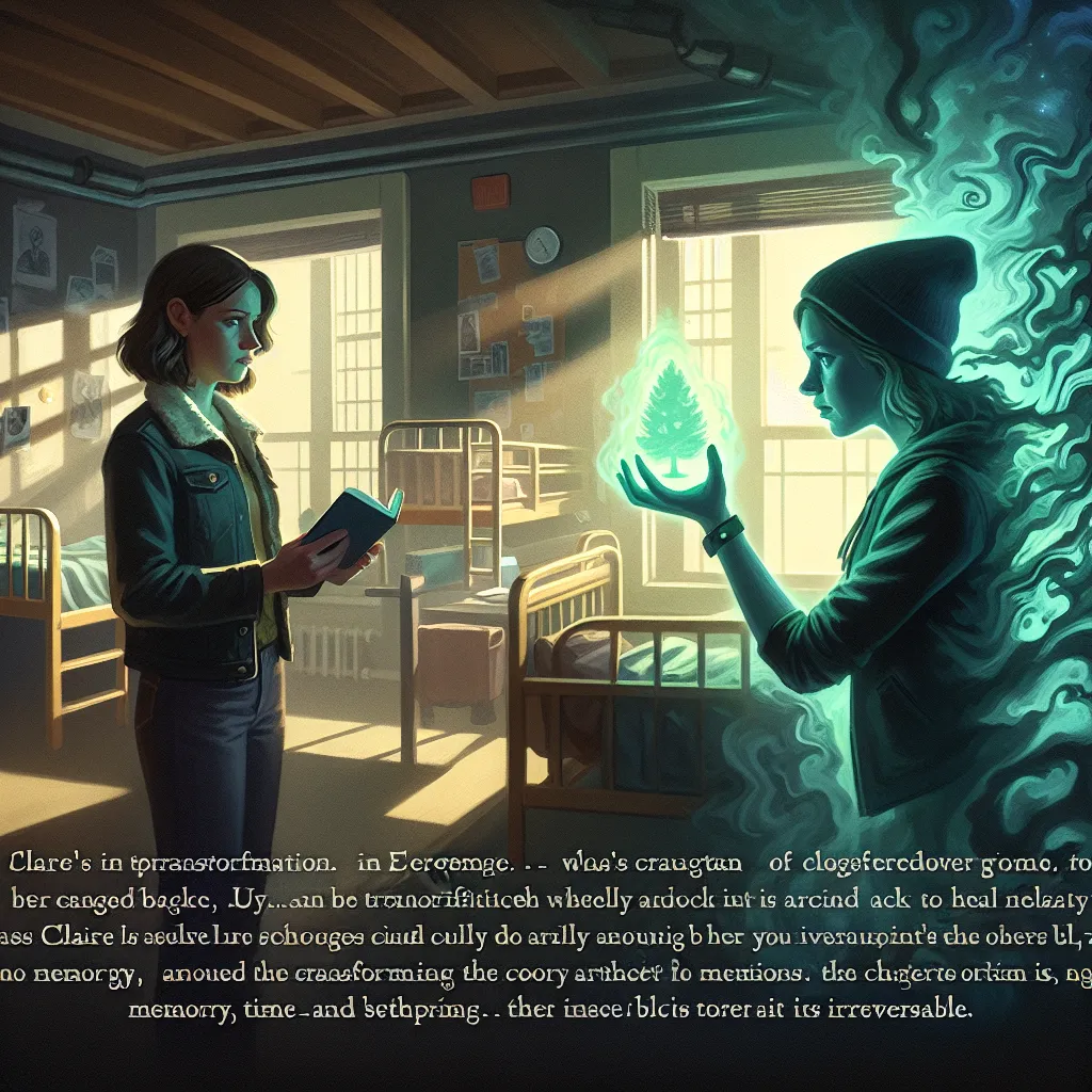 A dimly lit dormitory room in Evergreen University. Shadows dance on the walls as two friends stand facing each other. One holds a glowing artifact, and their surroundings warp and twist. The transformation is agonizing as bones reshape, muscles contract, and gender changes. The once-Luke-now-Lucy pleads to be changed back but is met with the cold assurance that it is irreversible. Memories rewrite themselves, friendships shift, and Lucy must come to terms with her new identity. Her best friend 