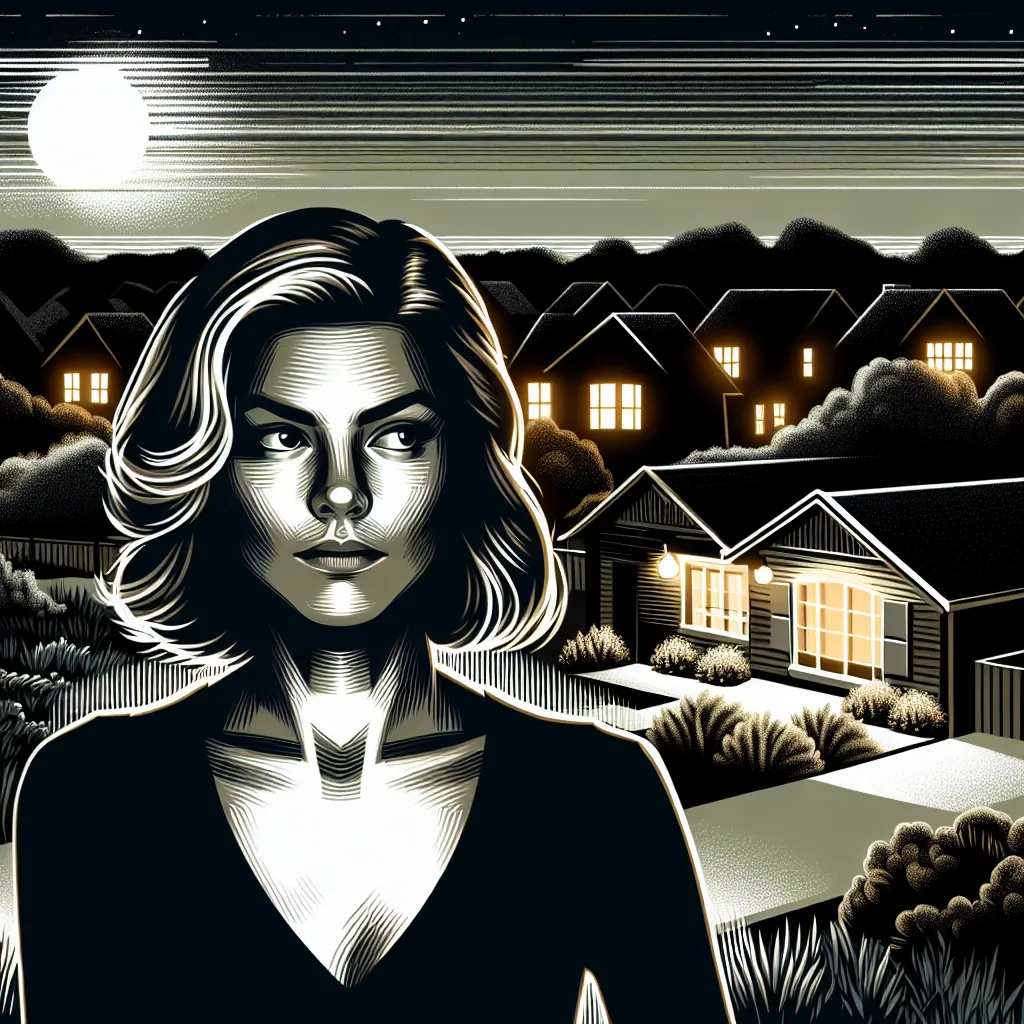 A digital artwork depicting a female figure, standing confidently in the dark, with a determined expression. The background is a suburban neighborhood at night, with a hint of moonlight illuminating the scene.
