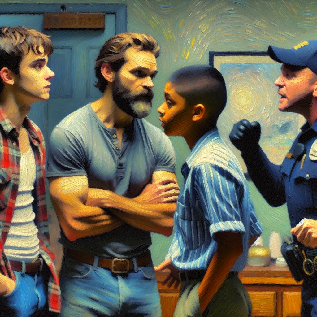 Jake, Tommy, Helen, Burglar, Police in the style of Monet