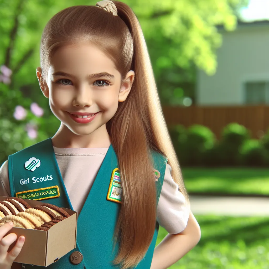 DALLE, please generate an image to accompany the story. The image should depict a young girl in a Girl Scout uniform, standing confidently with a smile on her face. She should have long, blonde hair tied up in a high ponytail and be holding a box of Girl Scout cookies. The background should be a park or a cheerful outdoor setting.