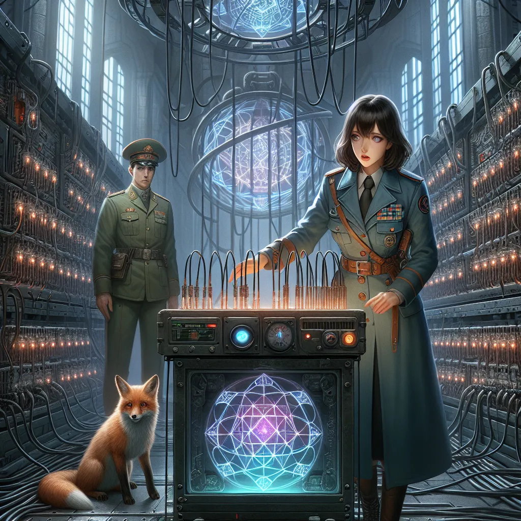 In the image, Yoshika Miyafuji stands in a mysterious room filled with humming machinery. Her fox companion is subdued as she inspects the rows of tubes, needles, and glowing geometric patterns etched on the metal. The focal point is the monstrous "Soul Exchanger" device in the center, surrounded by an ominous atmosphere. Fear grips Yoshika as she realizes she is trapped and confronted by Air Chief Marshall Trevor Maloney, who shows no remorse.