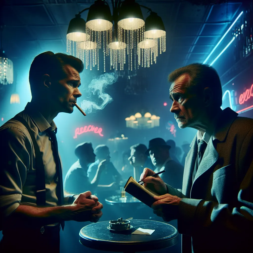 Description: In this image, a detective and a nightclub owner stand in a dimly lit club. They are surrounded by neon lights, cigarette smoke, and the bustling crowd. The detective, determined and holding a small notebook, engages the owner in conversation. The image captures the sense of mystery and suspense as they discuss the owner's missing sister and the potential connection to the club. The shadows and glowing lights emphasize the noir atmosphere of the crime genre.