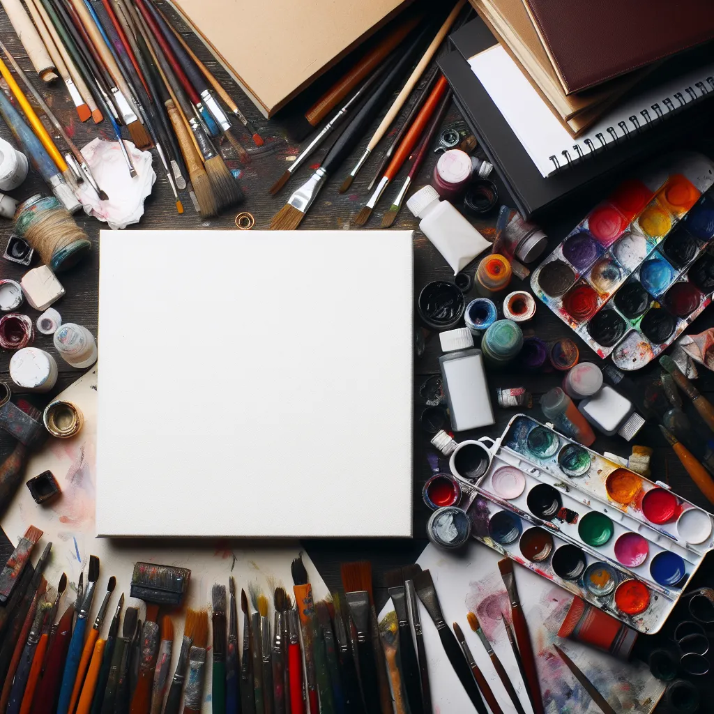 A blank canvas surrounded by scattered art supplies, reflecting the writer's creative struggle and inability to continue the story.