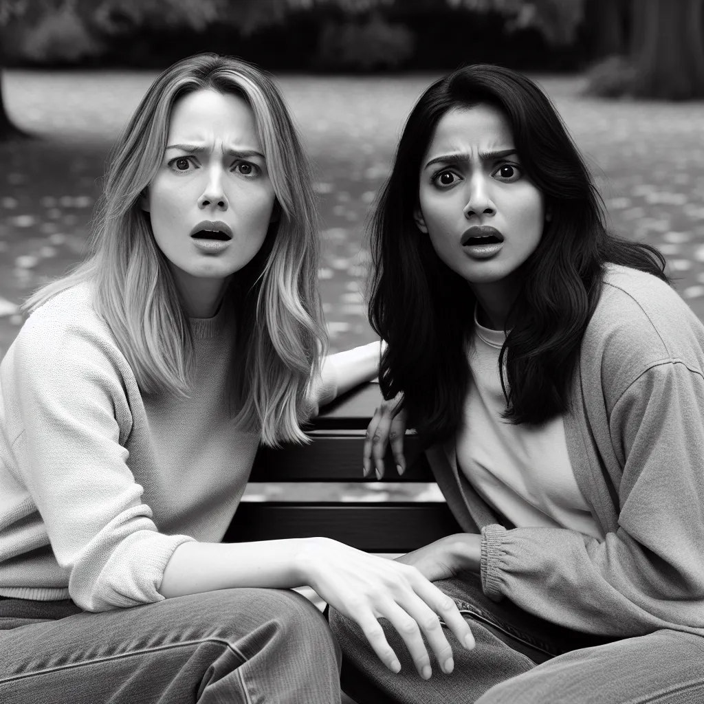 A black and white image of two women, Barbara and Sarah, sitting together in confusion and astonishment, as they realize they look exactly alike and share the same memories.