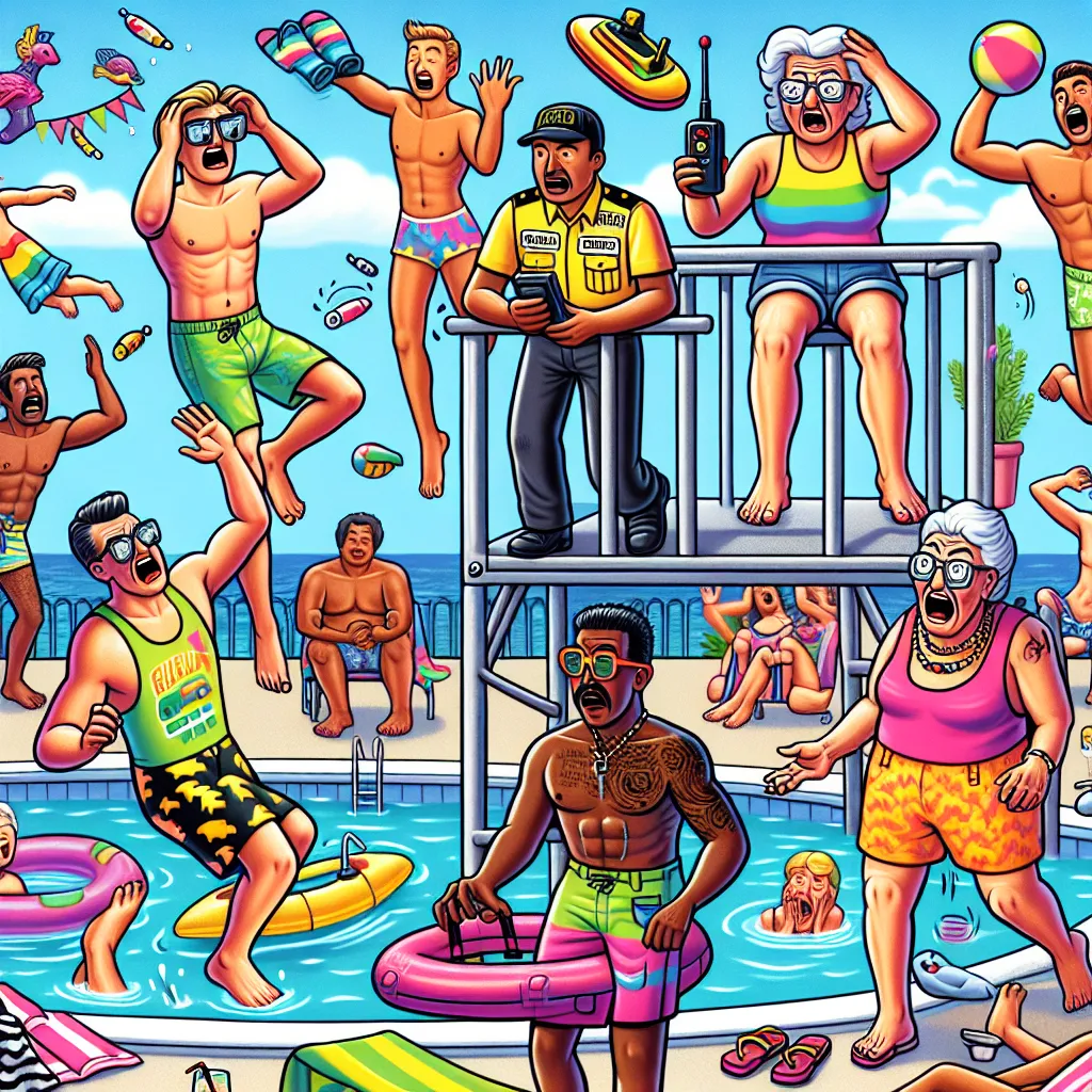 A humorous story titled "The Reality Remote: Pool Party Pandemonium" where a curious contraption accidentally swaps bodies at a local pool, resulting in comedic chaos.