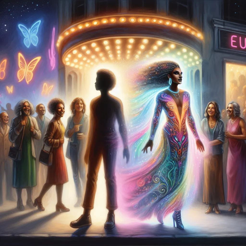 This story follows a boy named Michael Benjamin Carter who transforms into a woman named Isabella Ramirez one night outside a club. Michael navigates this new life as Isabella with courage, finding joy and acceptance in her vibrant world. Through newfound friendships, experiences, and memories, Isabella thrives, celebrating each day with gratitude and purpose. The image will capture the essence of this transformative journey, highlighting Michael's shift into Isabella and the empowering realizat