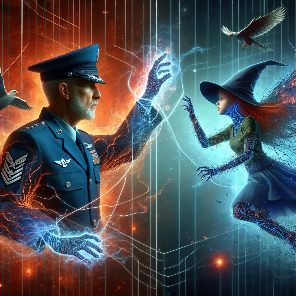 An image of Air Chief Marshal Trevor Maloney and the young witch Yoshika Miyafuji trapped in the Soul Exchanger machine, their bodies connected by tendrils of energy, symbolizing the harrowing transformation and body swap that takes place in the biography "Body Thief."