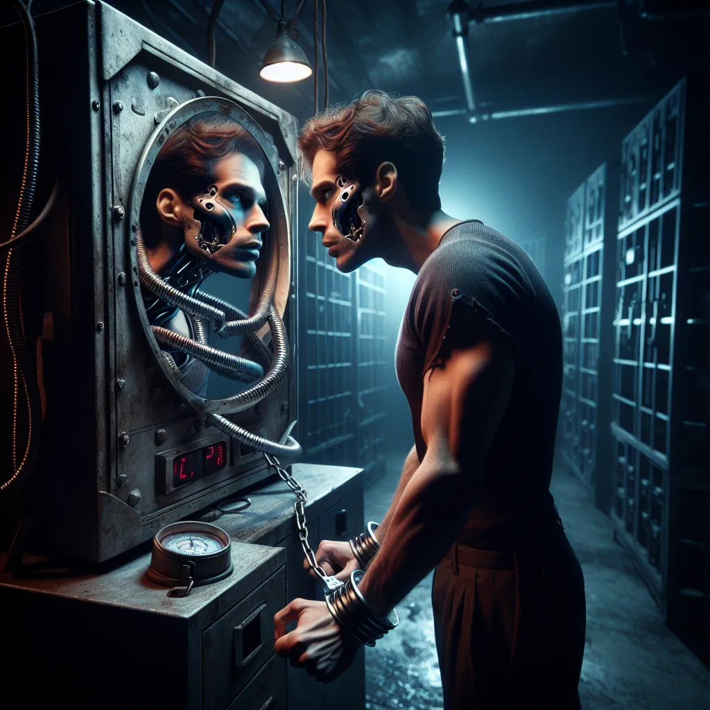 Description: An image illustrating the gripping Crime story titled "Warped Reflections: The Soul Exchanger's Betrayal." The image shows a restrained figure, the protagonist Trevor Maloney, with metal cuffs around his wrists and ankles. In the dimly lit room, he gazes at his reflection in the deactivated Soul Exchanger, seeing the face of Yoshika Miyafuji, the body into which he has been forcibly swapped. The atmosphere is tense, with a sense of confusion, desperation, and impending doom.