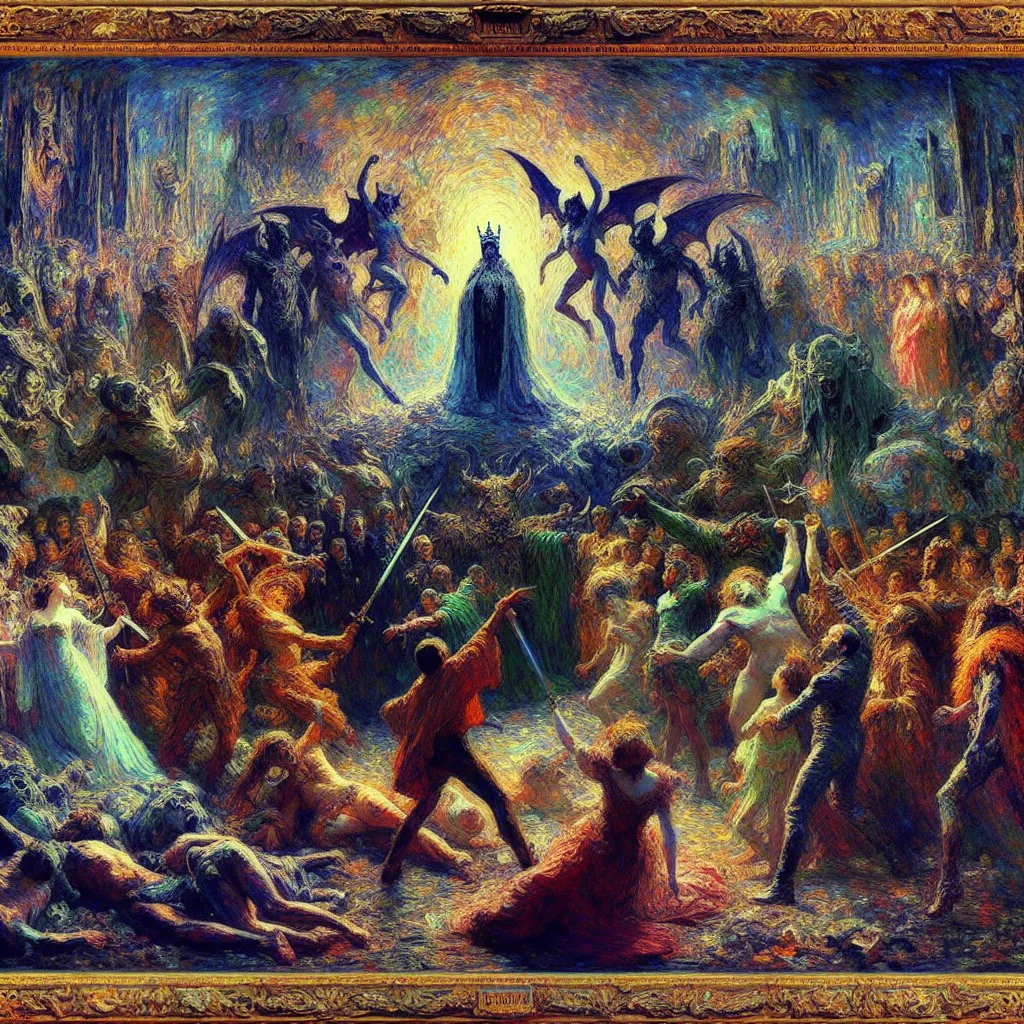 King, Demons, Characters, Multiverse, Showdown in the style of Monet