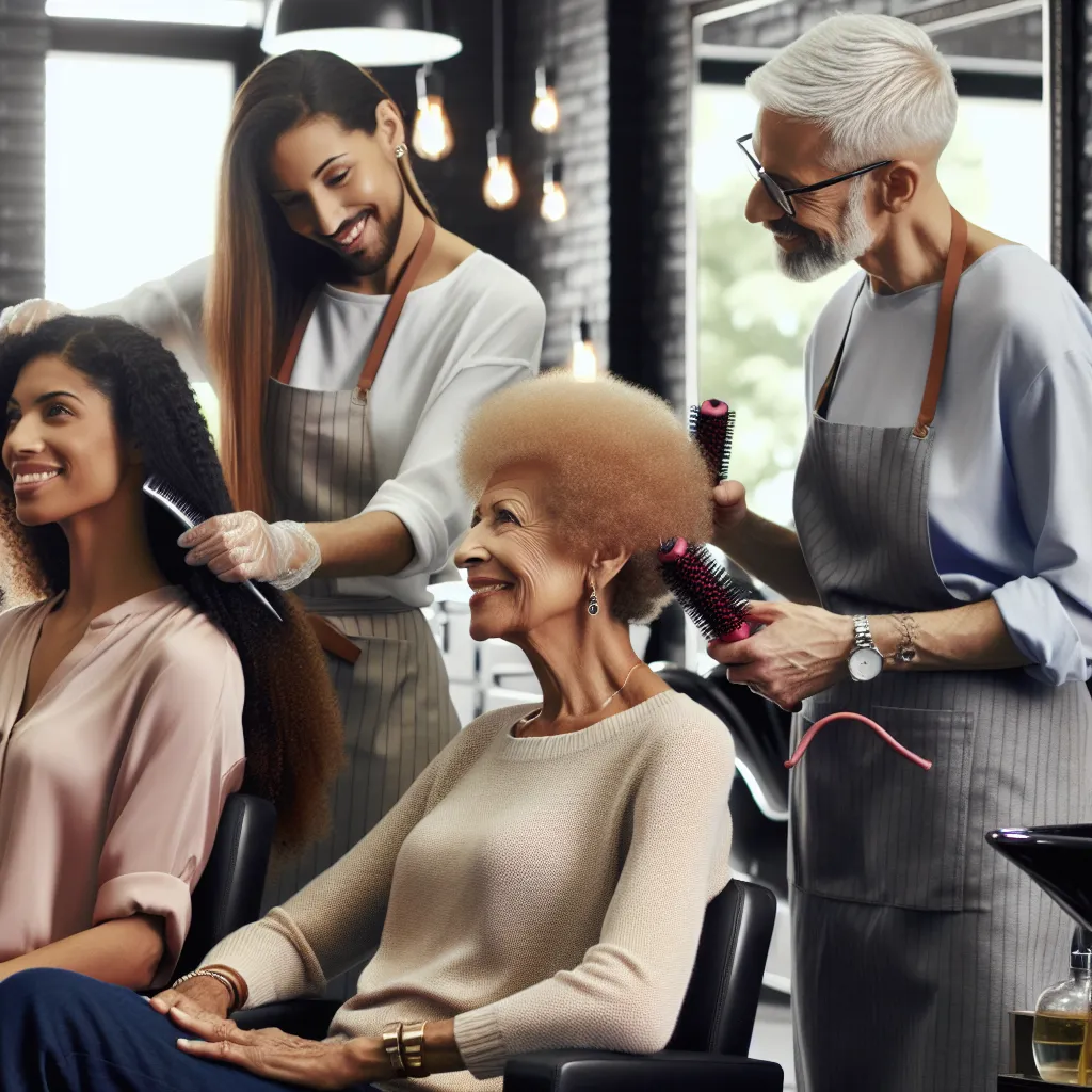 A salon with three African American hairstylists in their 50s, Trudy, Wilma, and Hattie, engaging in sassy banter and working on a customer's hair.