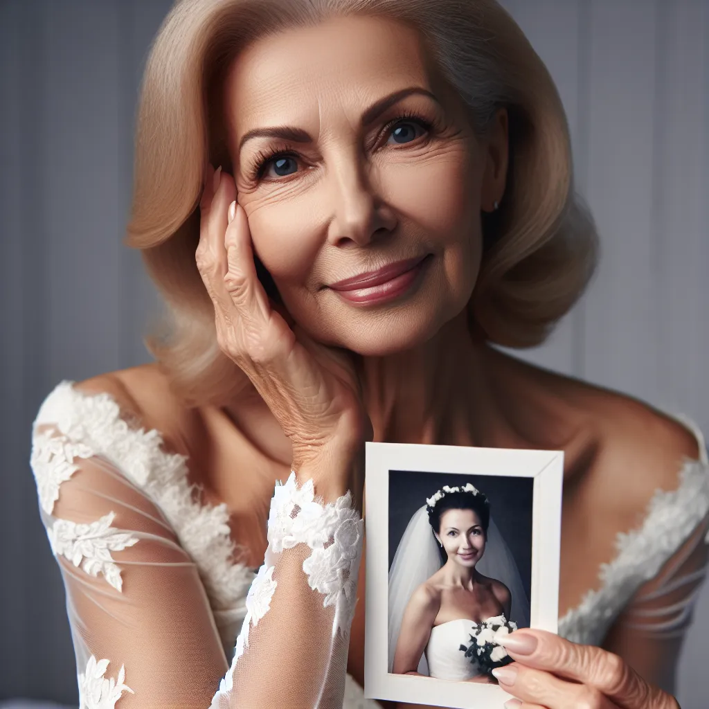 An image of a middle-aged woman in a wedding dress, reflecting on her youth and embracing the beauty of aging.