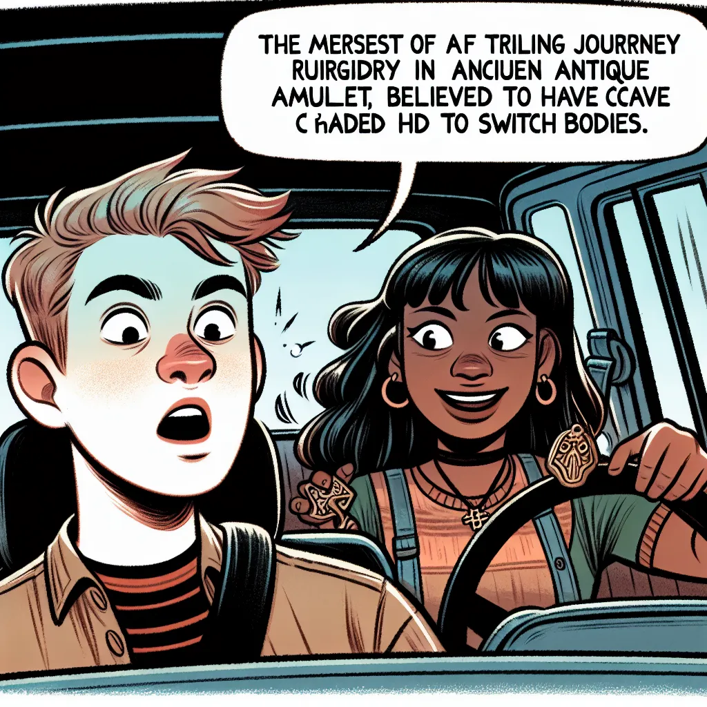 An image depicting two teenagers in a car, one with a surprised expression and the other with a mischievous grin, as they embark on a wild adventure after swapping bodies due to a freaky amulet.